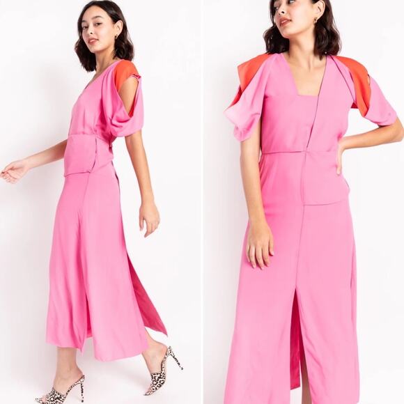 BOTTEGA VENETA Pink and Red Paneled Layered Cutout Maxi Dress Slits Size 6 NEW - Picture 1 of 16